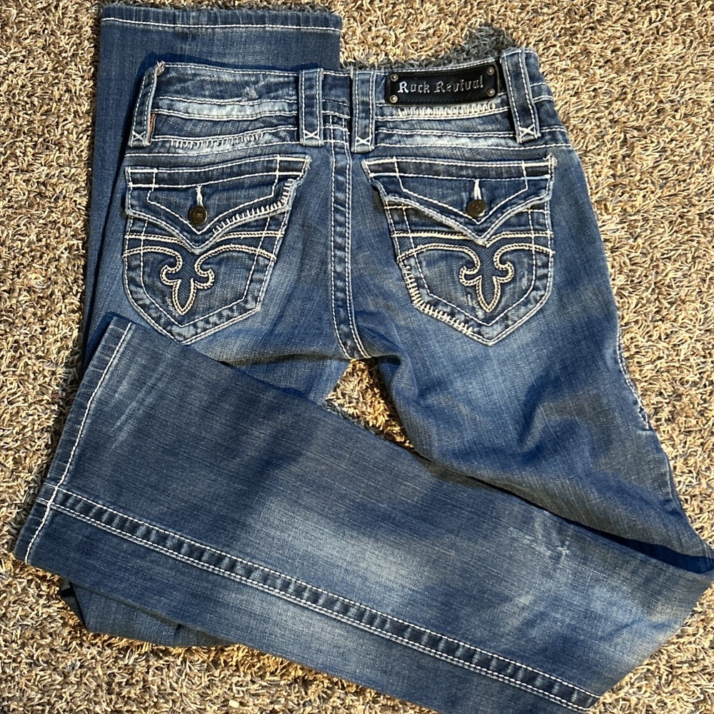 Rock Revival Jen Low-Rise Boot Cut Denim Jeans Festival Cowgirl Boho Size 26